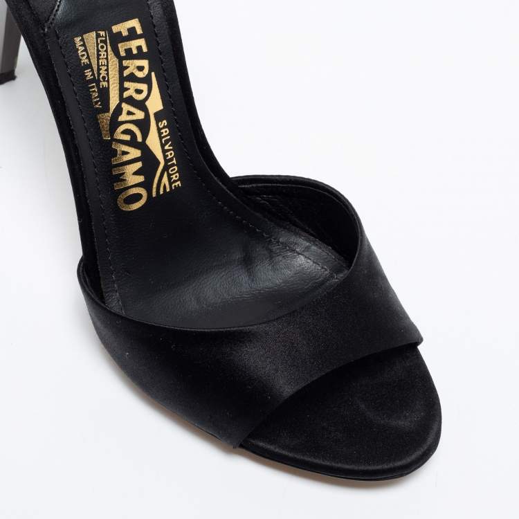 Pre Owned Salvatore Ferragamo Black Satin Crystal Embellished Heel Ankle Strap Sandals Size 35.5