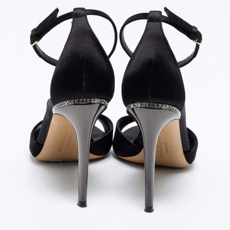 Pre Owned Salvatore Ferragamo Black Satin Crystal Embellished Heel Ankle Strap Sandals Size 35.5