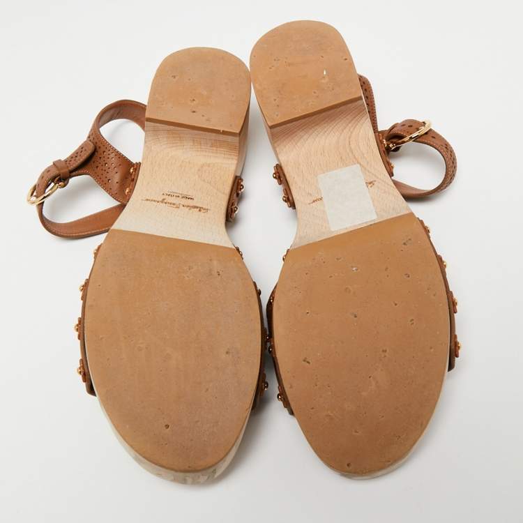 Pre Owned Salvatore Ferragamo Brown Perforated Leather Ganga Clog Ankle Strap Sandals Size 40.5