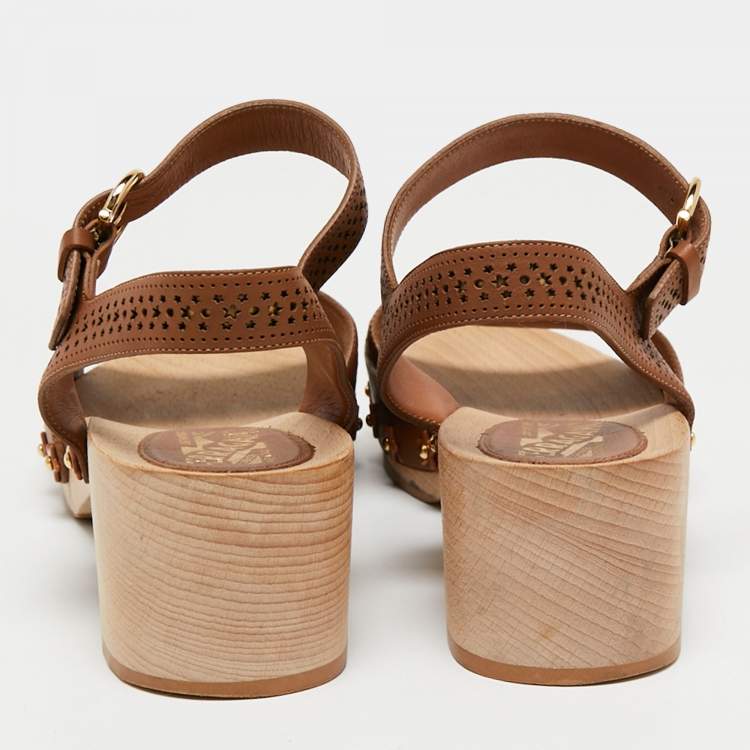 Pre Owned Salvatore Ferragamo Brown Perforated Leather Ganga Clog Ankle Strap Sandals Size 40.5