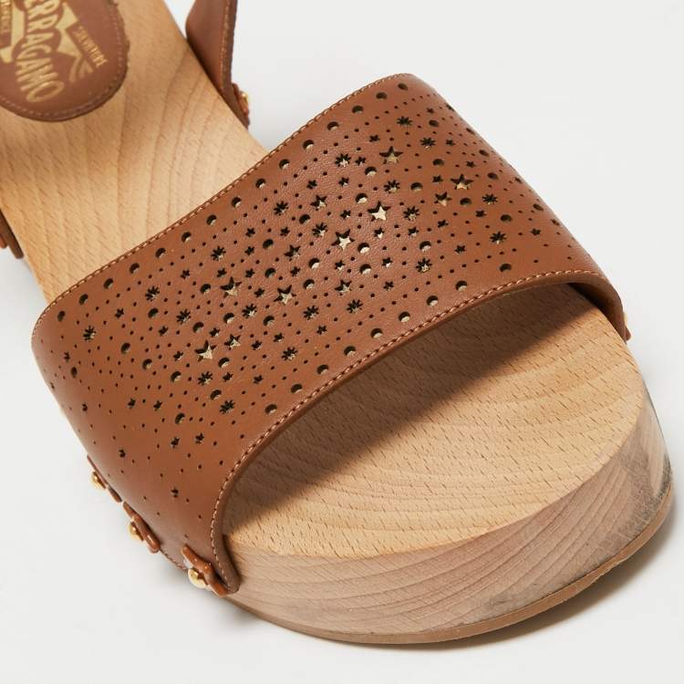 Pre Owned Salvatore Ferragamo Brown Perforated Leather Ganga Clog Ankle Strap Sandals Size 40.5