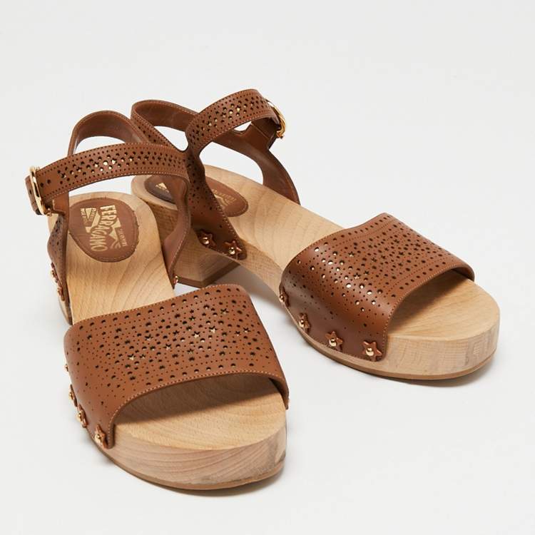 Pre Owned Salvatore Ferragamo Brown Perforated Leather Ganga Clog Ankle Strap Sandals Size 40.5
