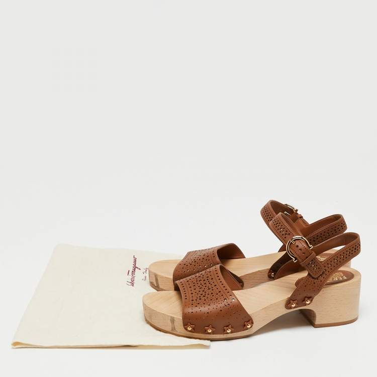 Pre Owned Salvatore Ferragamo Brown Perforated Leather Ganga Clog Ankle Strap Sandals Size 40.5