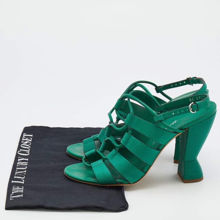 Pre Owned Salvatore Ferragamo Green Lizard Embossed Leather Strappy Sandals Size 40.5
