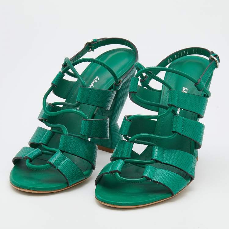 Pre Owned Salvatore Ferragamo Green Lizard Embossed Leather Strappy Sandals Size 40.5