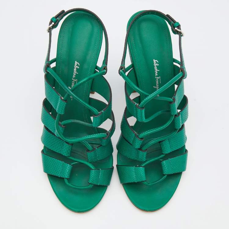 Pre Owned Salvatore Ferragamo Green Lizard Embossed Leather Strappy Sandals Size 40.5