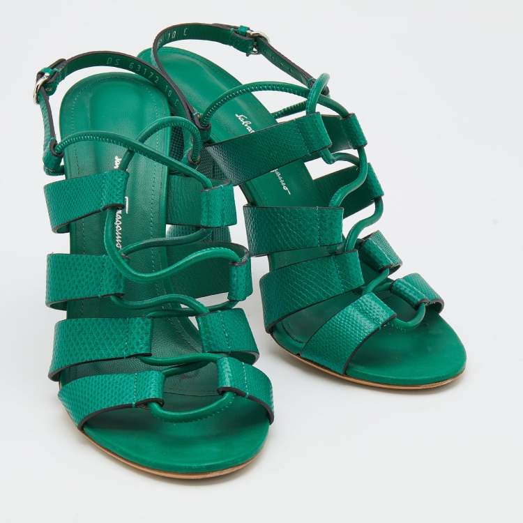 Pre Owned Salvatore Ferragamo Green Lizard Embossed Leather Strappy Sandals Size 40.5
