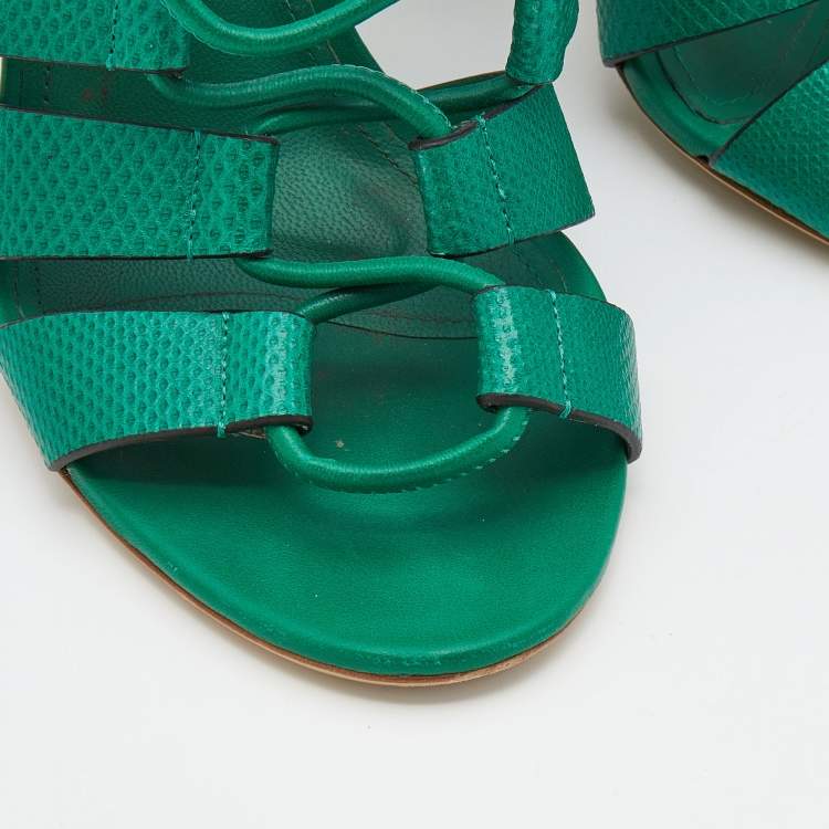 Pre Owned Salvatore Ferragamo Green Lizard Embossed Leather Strappy Sandals Size 40.5