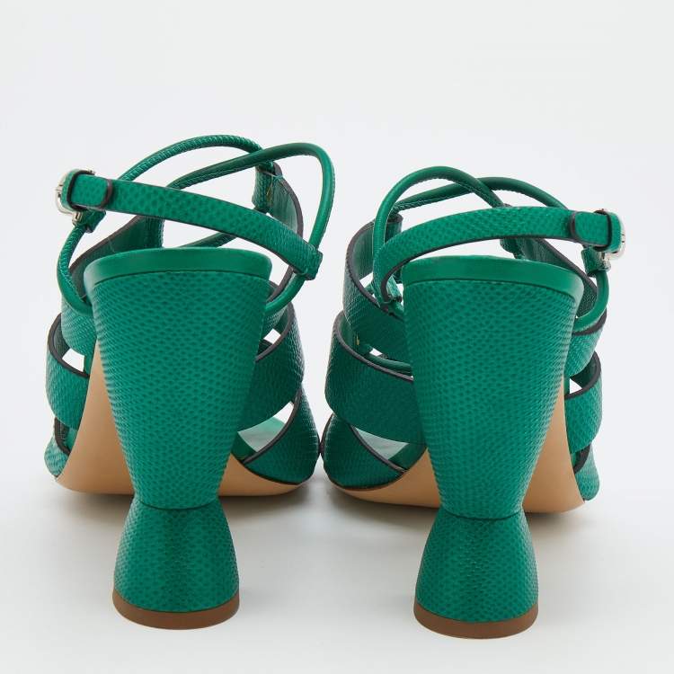 Pre Owned Salvatore Ferragamo Green Lizard Embossed Leather Strappy Sandals Size 40.5