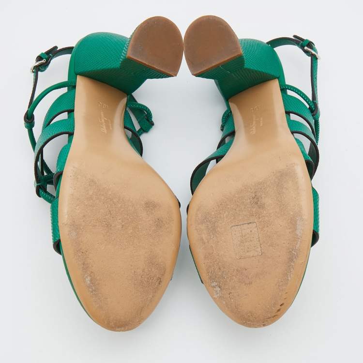 Pre Owned Salvatore Ferragamo Green Lizard Embossed Leather Strappy Sandals Size 40.5