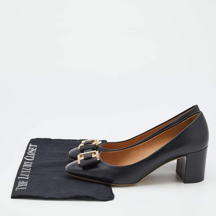 Pre Owned Salvatore Ferragamo Black Leather Bow Block Heel Pumps Size 40