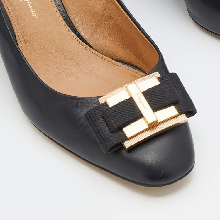 Pre Owned Salvatore Ferragamo Black Leather Bow Block Heel Pumps Size 40