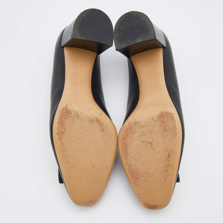 Pre Owned Salvatore Ferragamo Black Leather Bow Block Heel Pumps Size 40