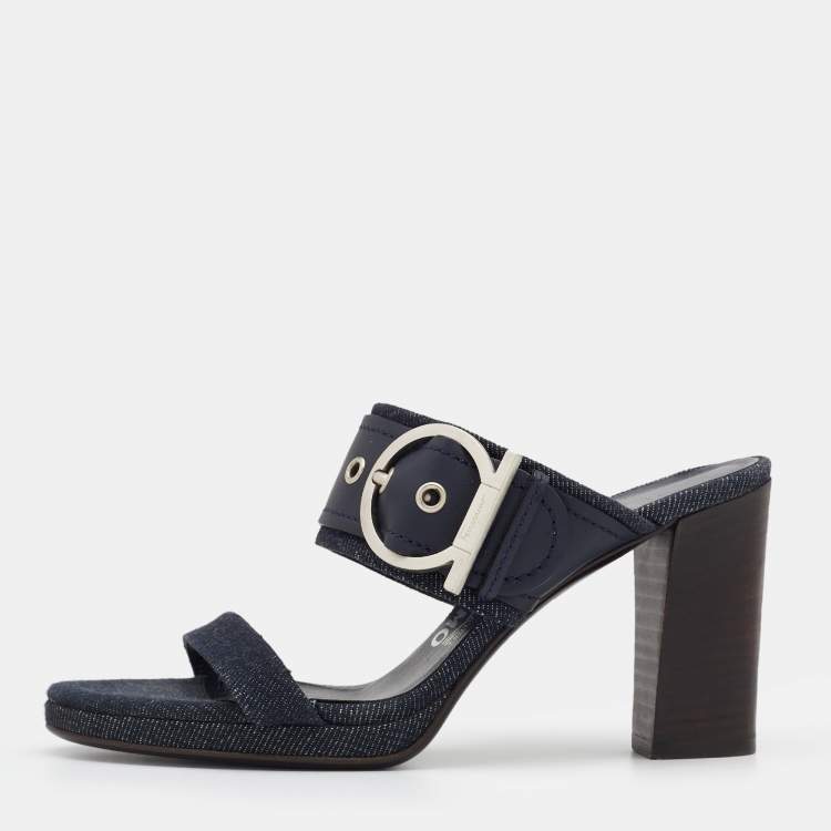 Pre Owned Salvatore Ferragamo Blue Leather And Denim Gancini Slide Sandals Size 36.5