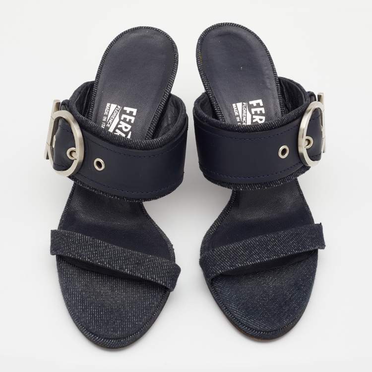 Pre Owned Salvatore Ferragamo Blue Leather And Denim Gancini Slide Sandals Size 36.5