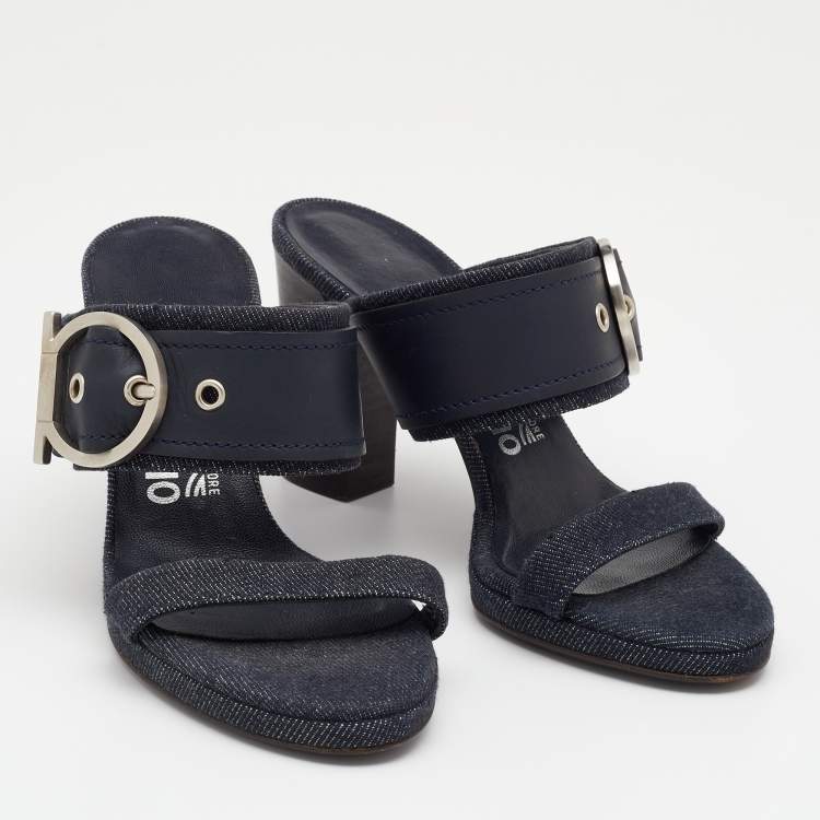 Pre Owned Salvatore Ferragamo Blue Leather And Denim Gancini Slide Sandals Size 36.5