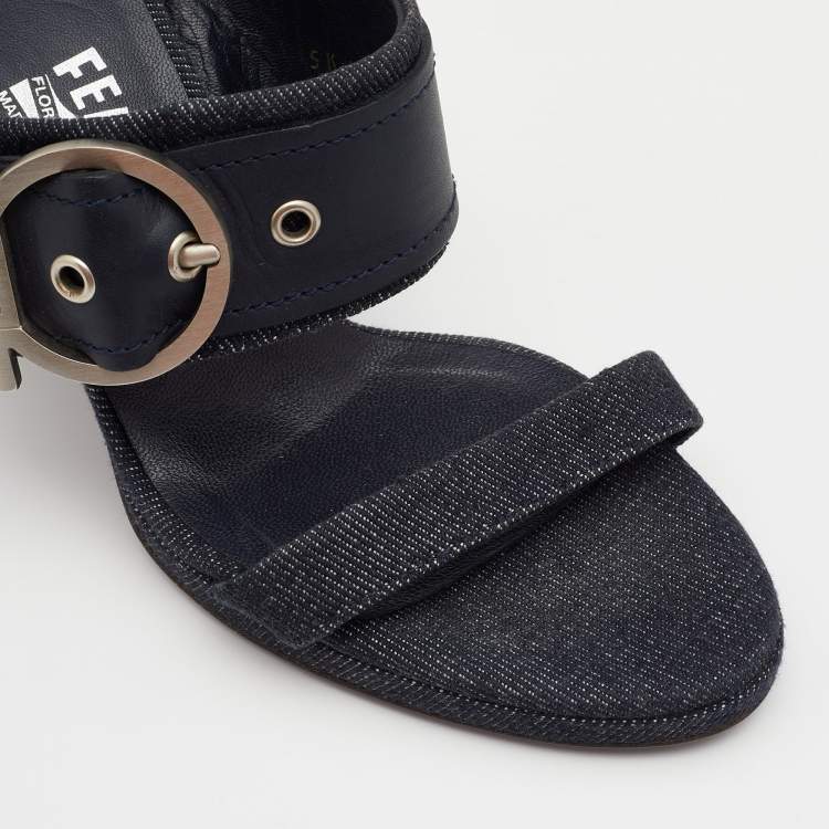 Pre Owned Salvatore Ferragamo Blue Leather And Denim Gancini Slide Sandals Size 36.5