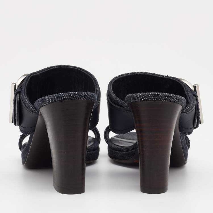 Pre Owned Salvatore Ferragamo Blue Leather And Denim Gancini Slide Sandals Size 36.5