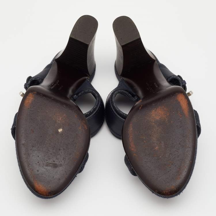 Pre Owned Salvatore Ferragamo Blue Leather And Denim Gancini Slide Sandals Size 36.5