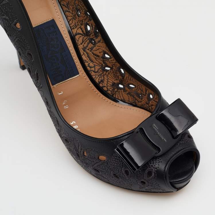 Pre Owned Salvatore Ferragamo Black Leather Laser Cut Out Embroidered Platform Peep Toe Pumps Size 39