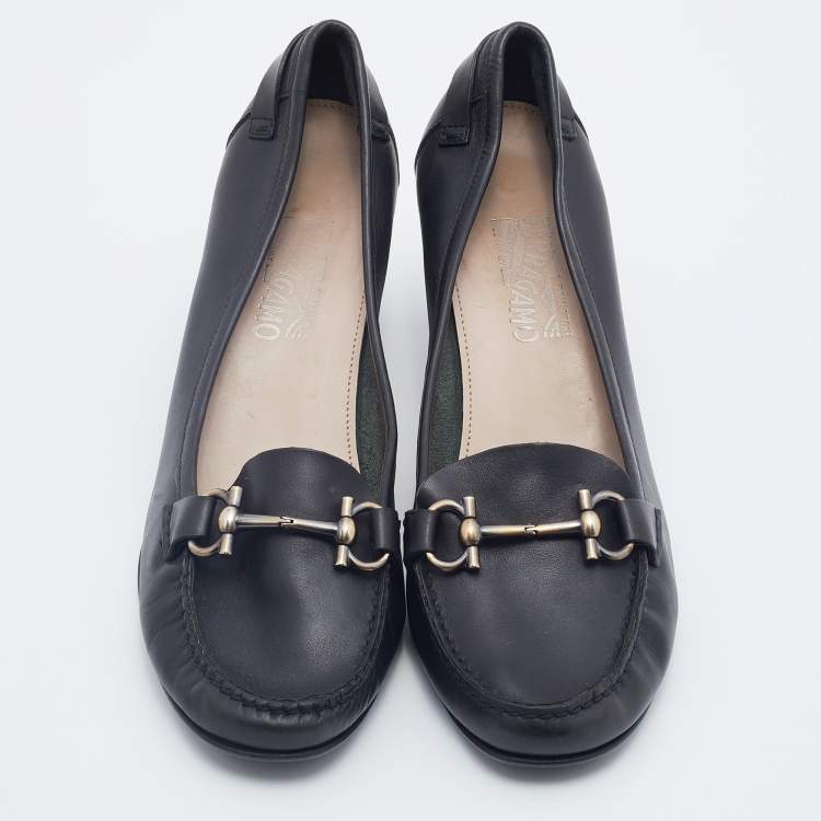 Pre Owned Salvatore Ferragamo Black Leather Loafer Pumps Size 41