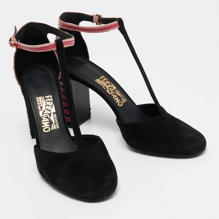 Pre Owned Salvatore Ferragamo Black/Pink Suede And Leather Fergie T-Strap Pumps Size 40