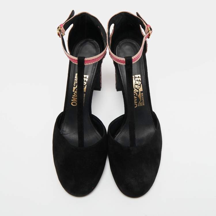 Pre Owned Salvatore Ferragamo Black/Pink Suede And Leather Fergie T-Strap Pumps Size 40