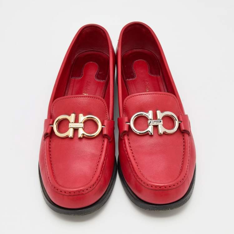 Pre Owned Salvatore Ferragamo Red Leather Rolo Gancini Loafers Size 38