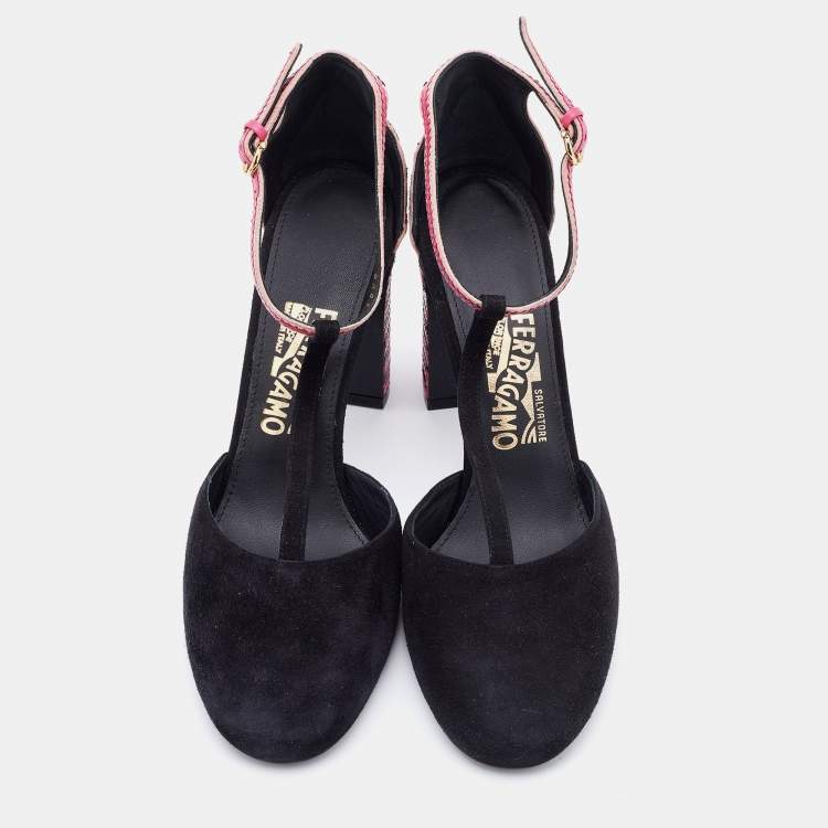 Pre Owned Salvatore Ferragamo Black/Pink Suede And Leather Fergie T-Strap Pumps Size 39