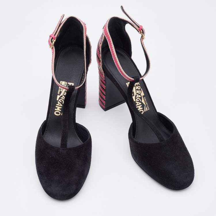 Pre Owned Salvatore Ferragamo Black/Pink Suede And Leather Fergie T-Strap Pumps Size 39