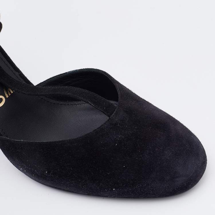 Pre Owned Salvatore Ferragamo Black/Pink Suede And Leather Fergie T-Strap Pumps Size 39