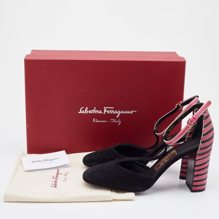 Pre Owned Salvatore Ferragamo Black/Pink Suede And Leather Fergie T-Strap Pumps Size 39