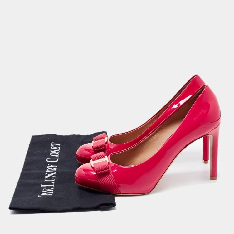 Pre Owned Salvatore Ferragamo Red Patent Leather Vara Bow Pumps Size 39