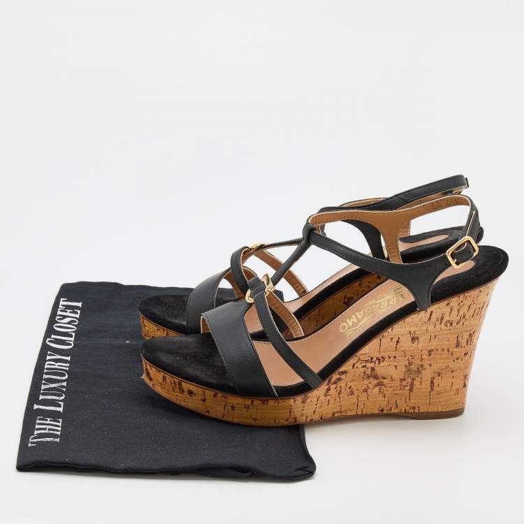 Pre Owned Salvatore Ferragamo Black Leather Savita Cork Wedge Sandals Size 37.5