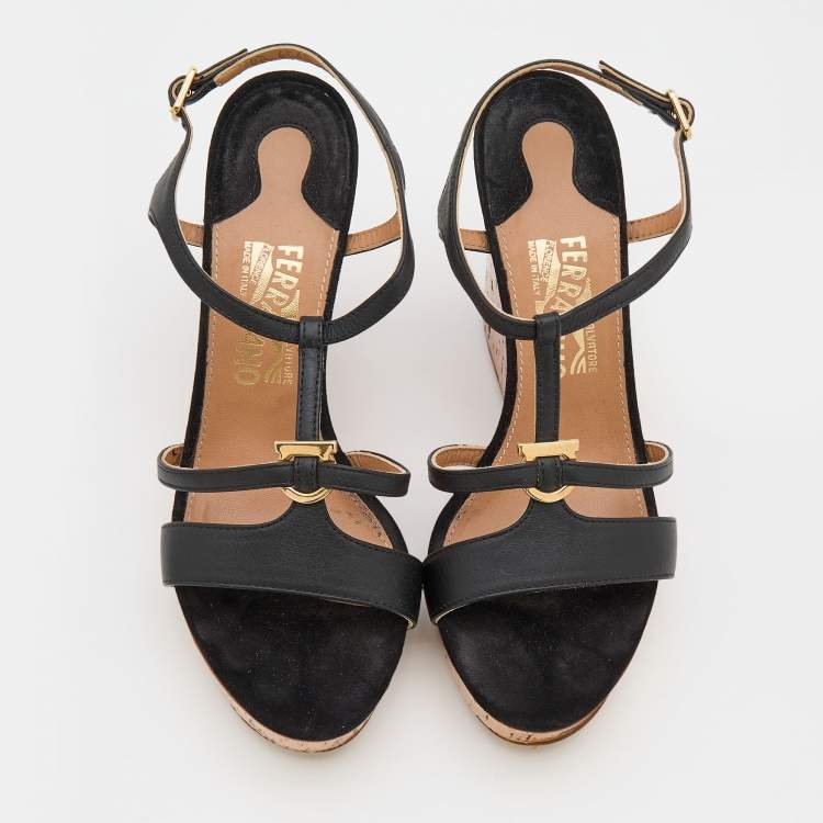 Pre Owned Salvatore Ferragamo Black Leather Savita Cork Wedge Sandals Size 37.5