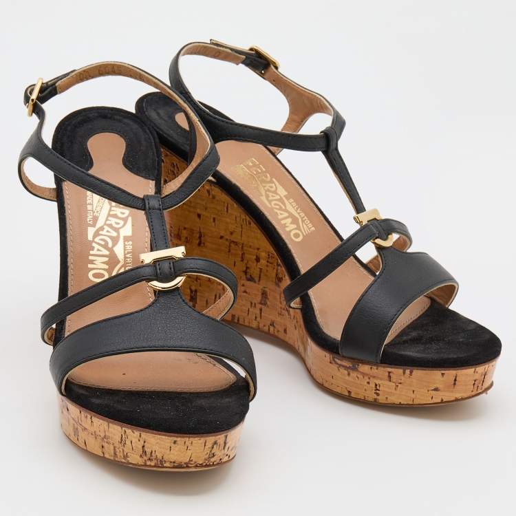 Pre Owned Salvatore Ferragamo Black Leather Savita Cork Wedge Sandals Size 37.5
