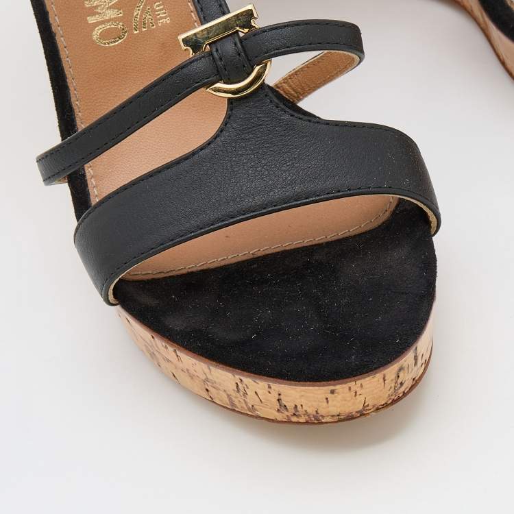 Pre Owned Salvatore Ferragamo Black Leather Savita Cork Wedge Sandals Size 37.5