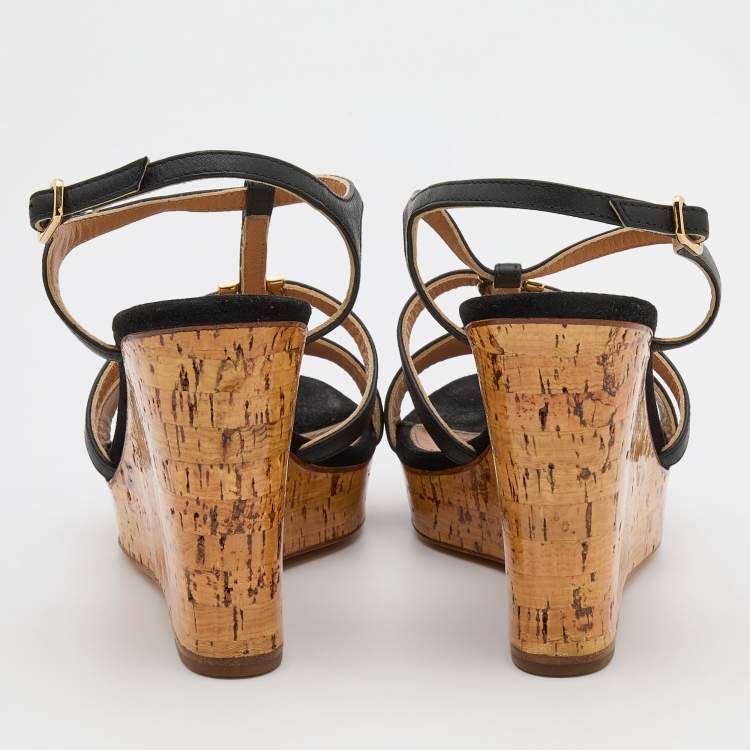 Pre Owned Salvatore Ferragamo Black Leather Savita Cork Wedge Sandals Size 37.5