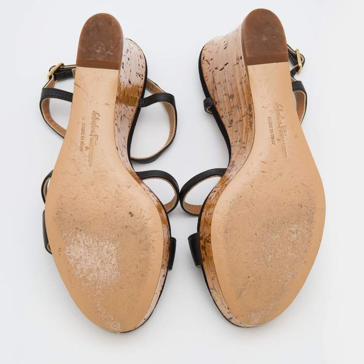 Pre Owned Salvatore Ferragamo Black Leather Savita Cork Wedge Sandals Size 37.5