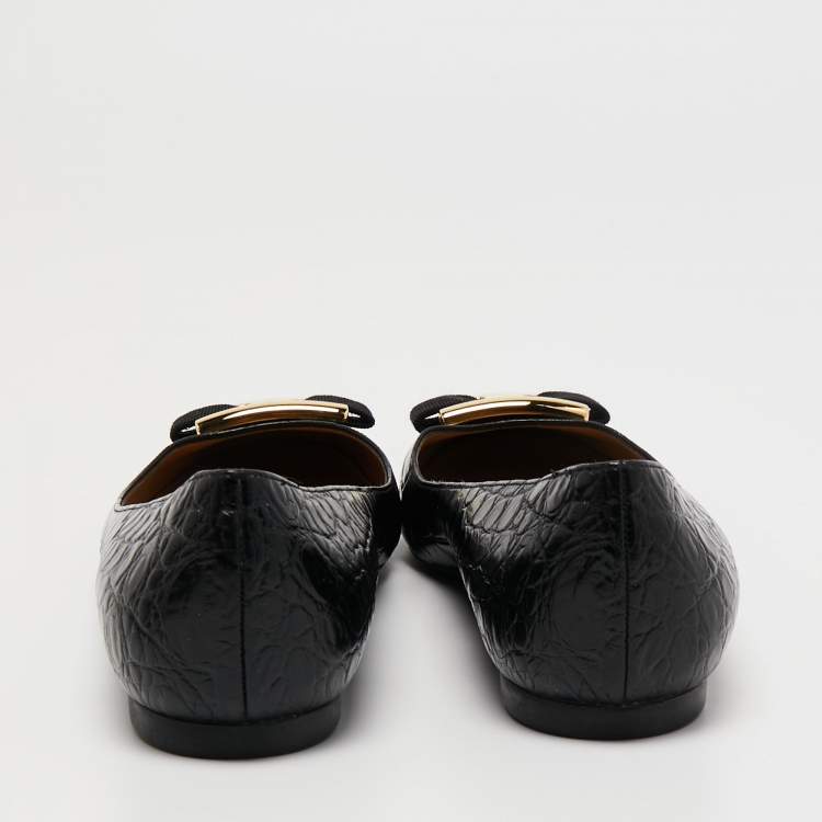 Pre Owned Salvatore Ferragamo Black Crocodile Leather  Vara Ballet Flats Size 40.5