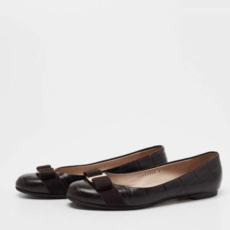 Pre Owned Salvatore Ferragamo Dark Brown Croc Embossed Leather Varina  Ballet Flats Size 37.5