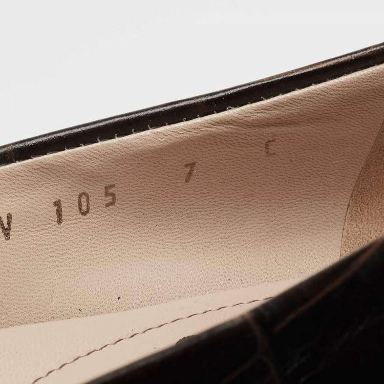 Pre Owned Salvatore Ferragamo Dark Brown Croc Embossed Leather Varina  Ballet Flats Size 37.5