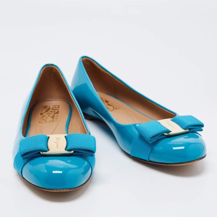 Pre Owned Salvatore Ferragamo Blue Patent Leather Vara Bow Flats Size 36.5