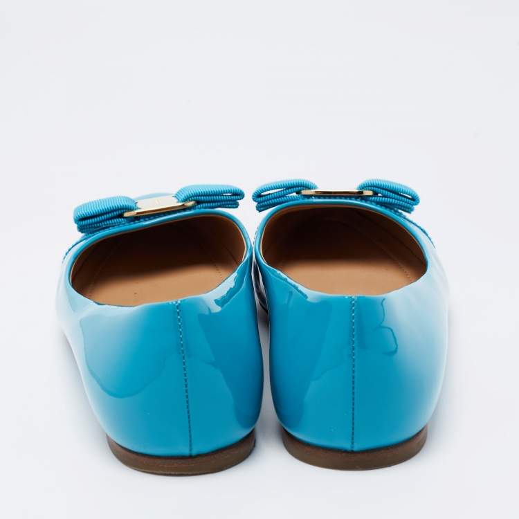 Pre Owned Salvatore Ferragamo Blue Patent Leather Vara Bow Flats Size 36.5
