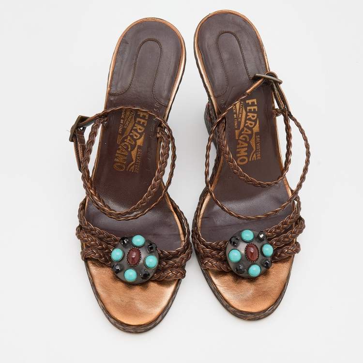 Pre Owned Salvatore Ferragamo Brown/Bronze Woven Leather Embellished Wedge Ankle Strap Sandals Size 39.5
