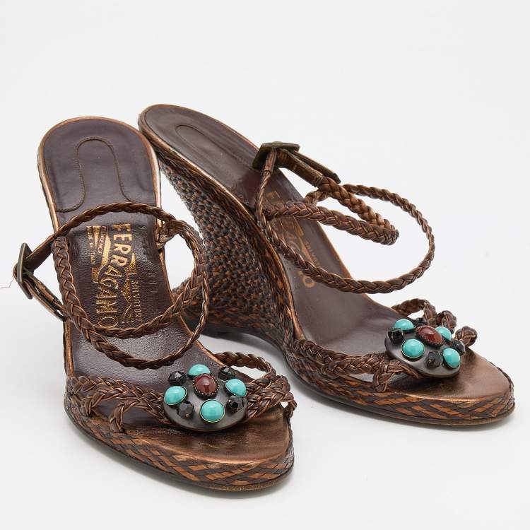 Pre Owned Salvatore Ferragamo Brown/Bronze Woven Leather Embellished Wedge Ankle Strap Sandals Size 39.5
