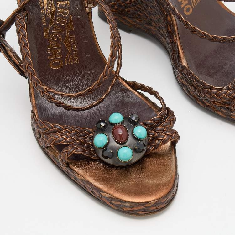 Pre Owned Salvatore Ferragamo Brown/Bronze Woven Leather Embellished Wedge Ankle Strap Sandals Size 39.5