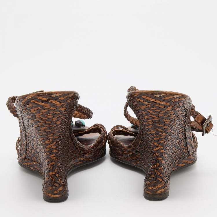 Pre Owned Salvatore Ferragamo Brown/Bronze Woven Leather Embellished Wedge Ankle Strap Sandals Size 39.5