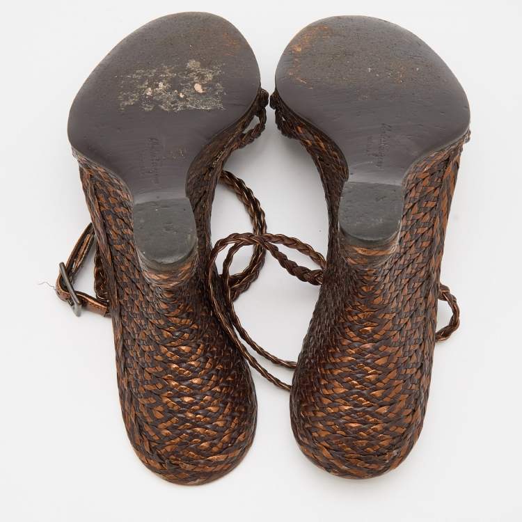 Pre Owned Salvatore Ferragamo Brown/Bronze Woven Leather Embellished Wedge Ankle Strap Sandals Size 39.5