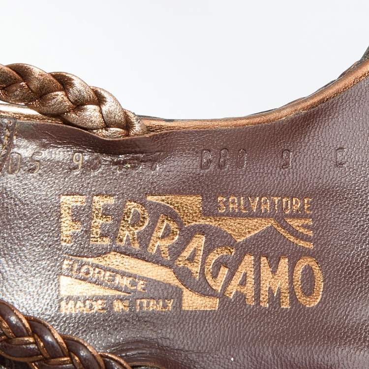 Pre Owned Salvatore Ferragamo Brown/Bronze Woven Leather Embellished Wedge Ankle Strap Sandals Size 39.5